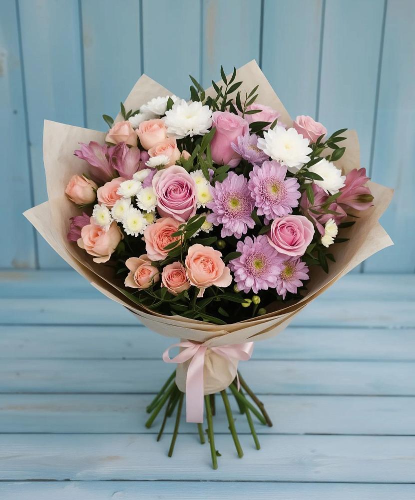 Букет цветов из: Хризантемы, Розы и Альстромерии в Хрипань