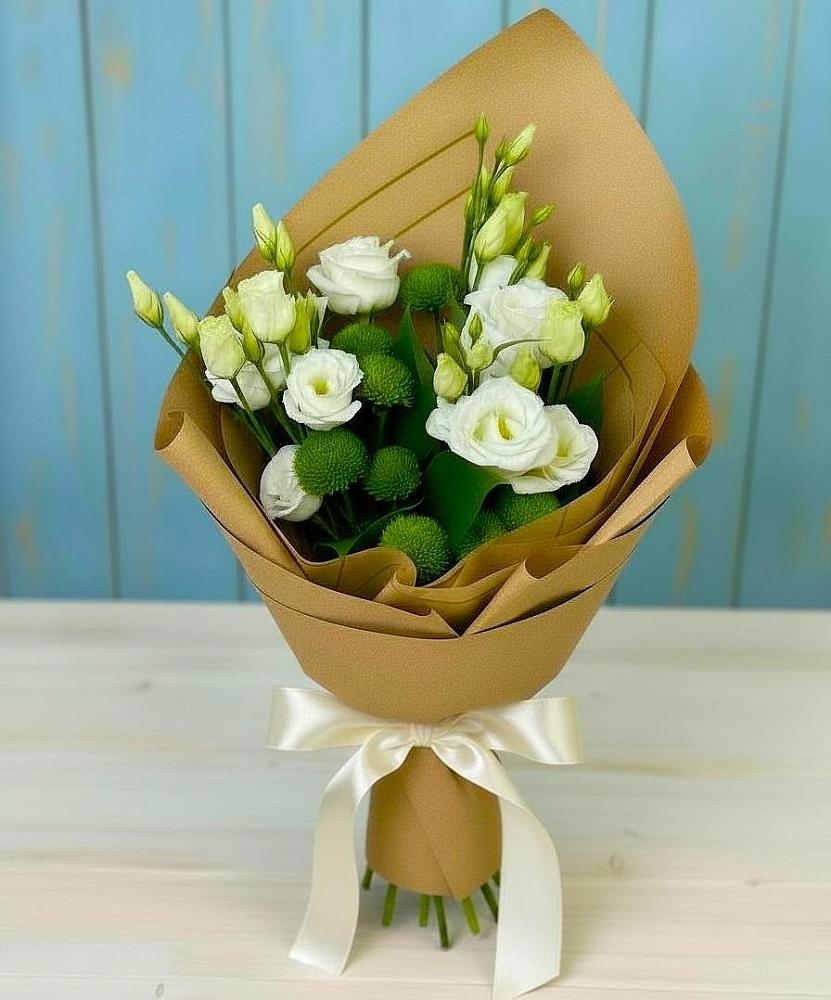 Букет цветов из: Хризантемы и Лизиантусы в Хрипань