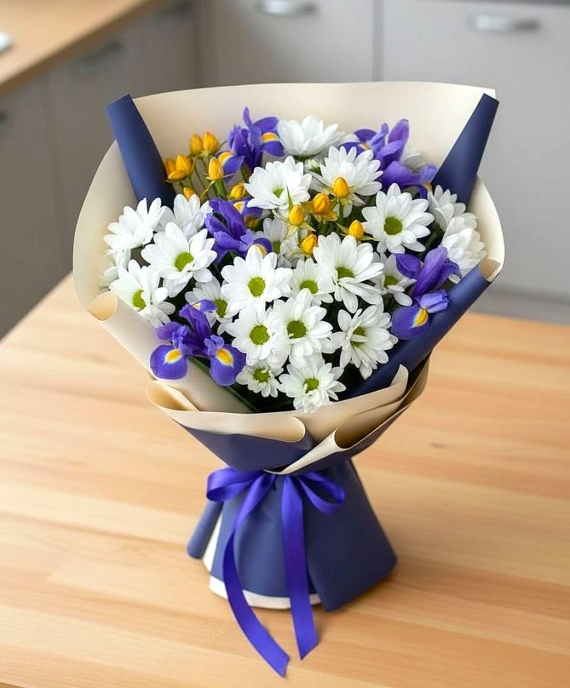 Букет цветов из: Розы, Ирисы и Хризантемы в Хрипань