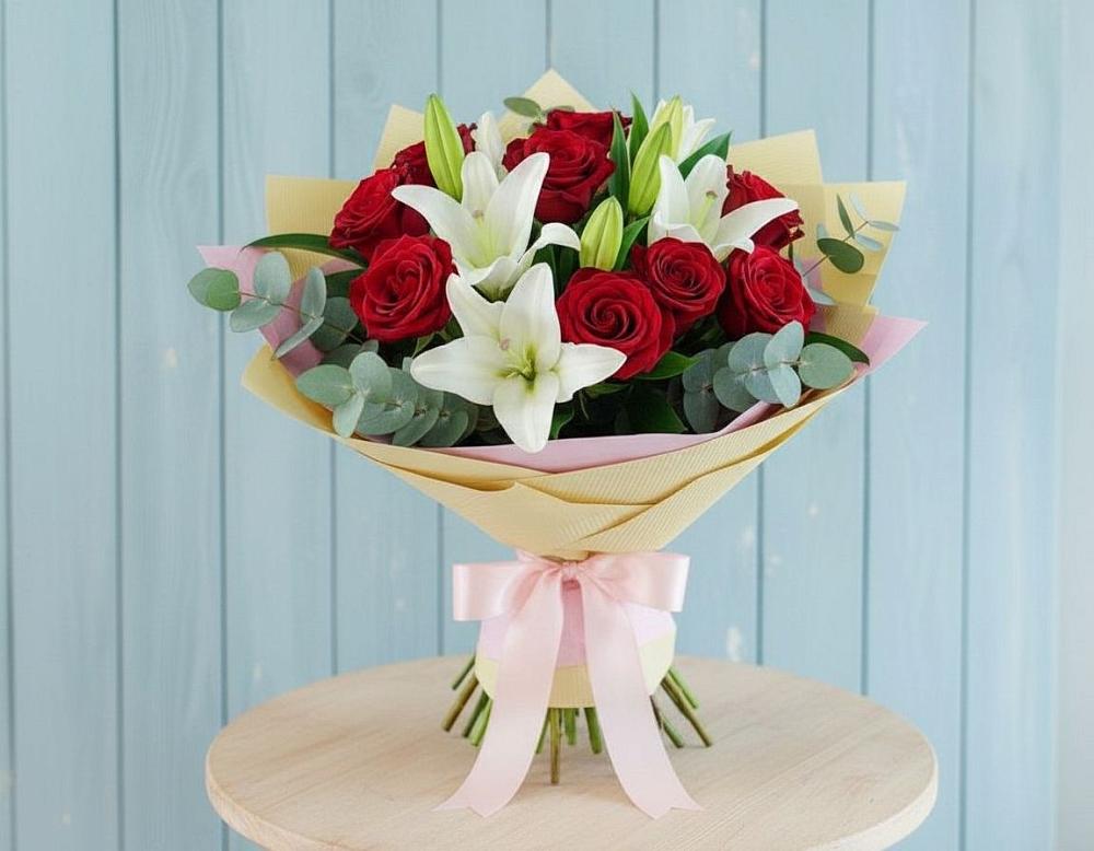 Букет цветов из: Лилии и Розы в Хрипань