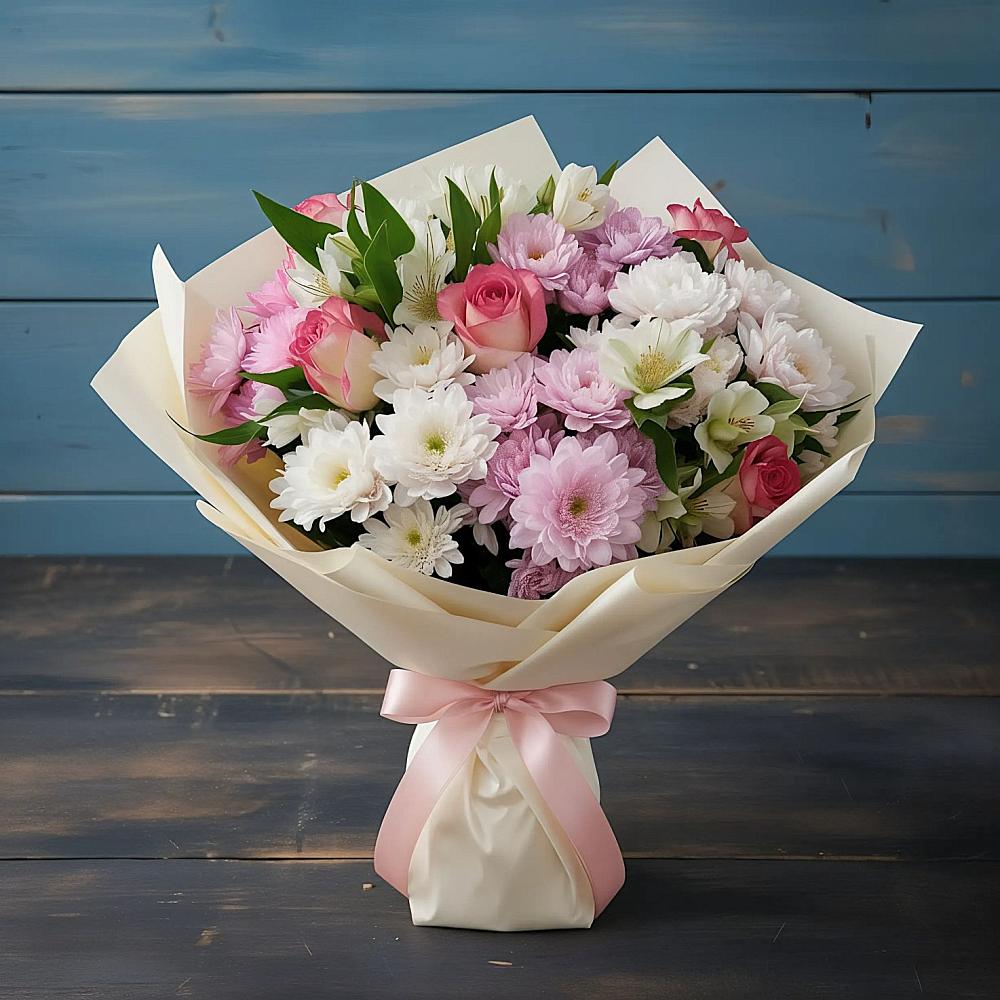 Букет цветов из: Хризантемы, Альстромерии и Розы в Хрипань